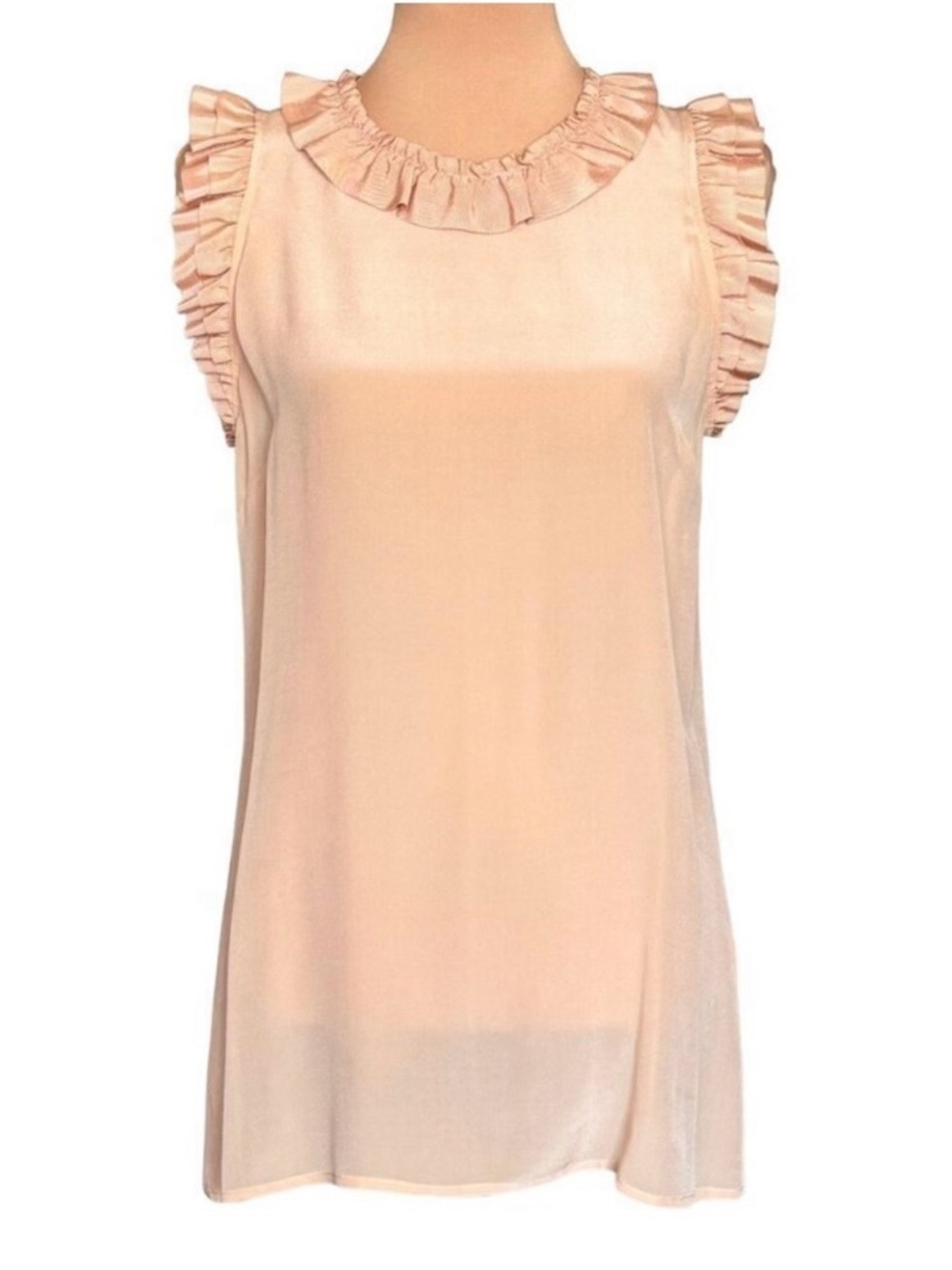 TWELVE COUTURE Sleeveless Ruffle Top Sz.M Peach Blush 100% Silk Coquette Preppy